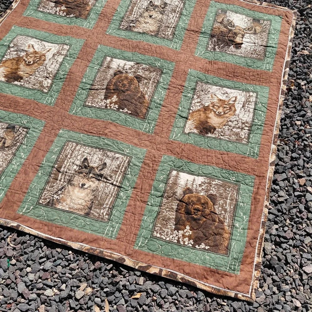 Bear Wildlife Quilt Blanket Square Nature Cabin Wolf Moose Outdoor Hunter 51x53